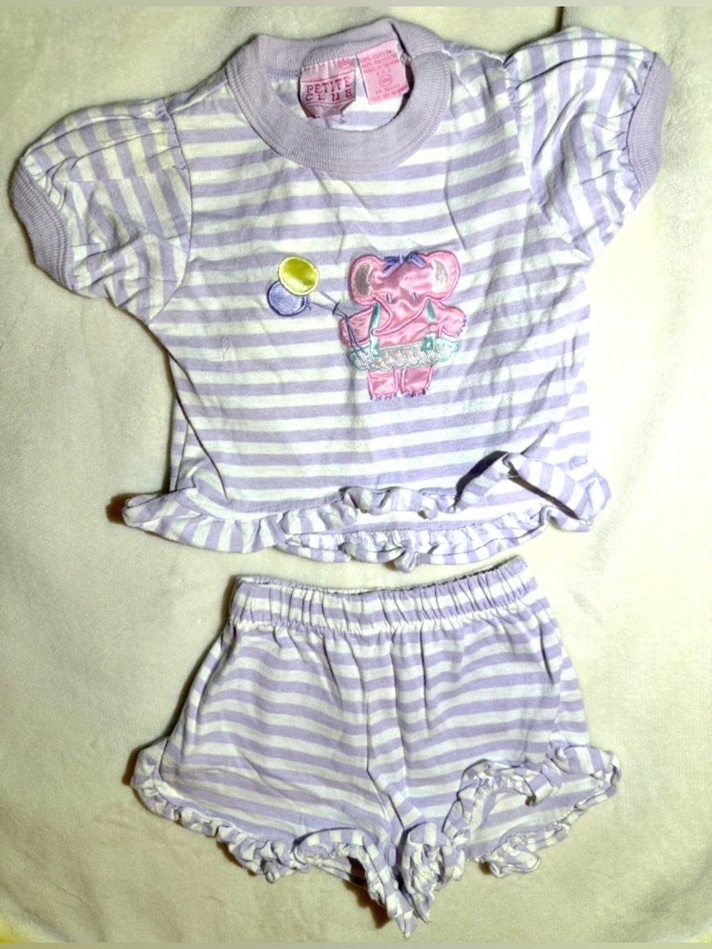 Vintage Lavender Stripe Matching Set with Adorable Elephant Appliqué
